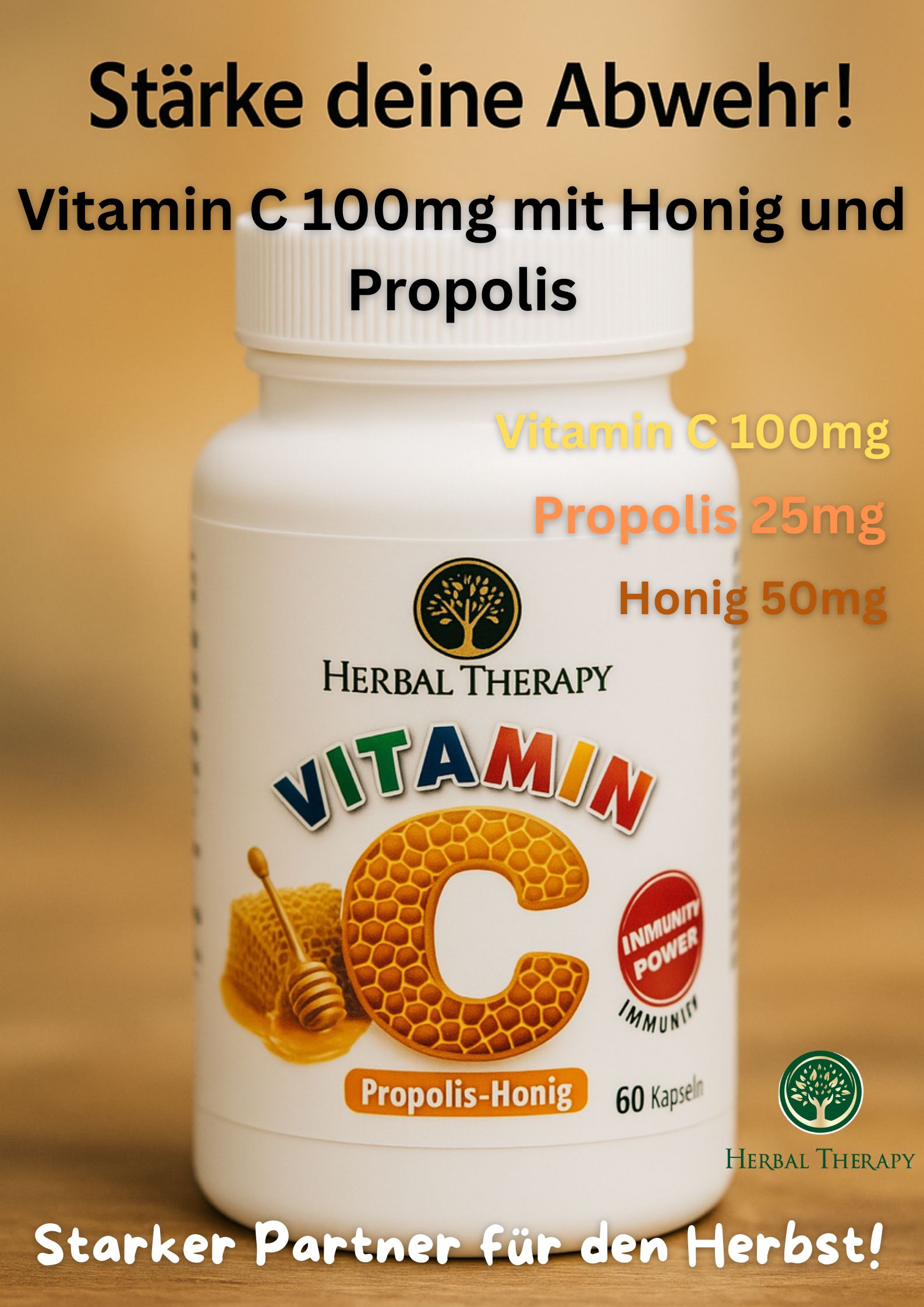 Witte fles met Herbal Therapy Vitamine C. Opschrift: Propolis-Honing, 60 capsules. Extra tekstinformatie: Vitamine C 100mg, Propolis 25mg, Honing 50mg.