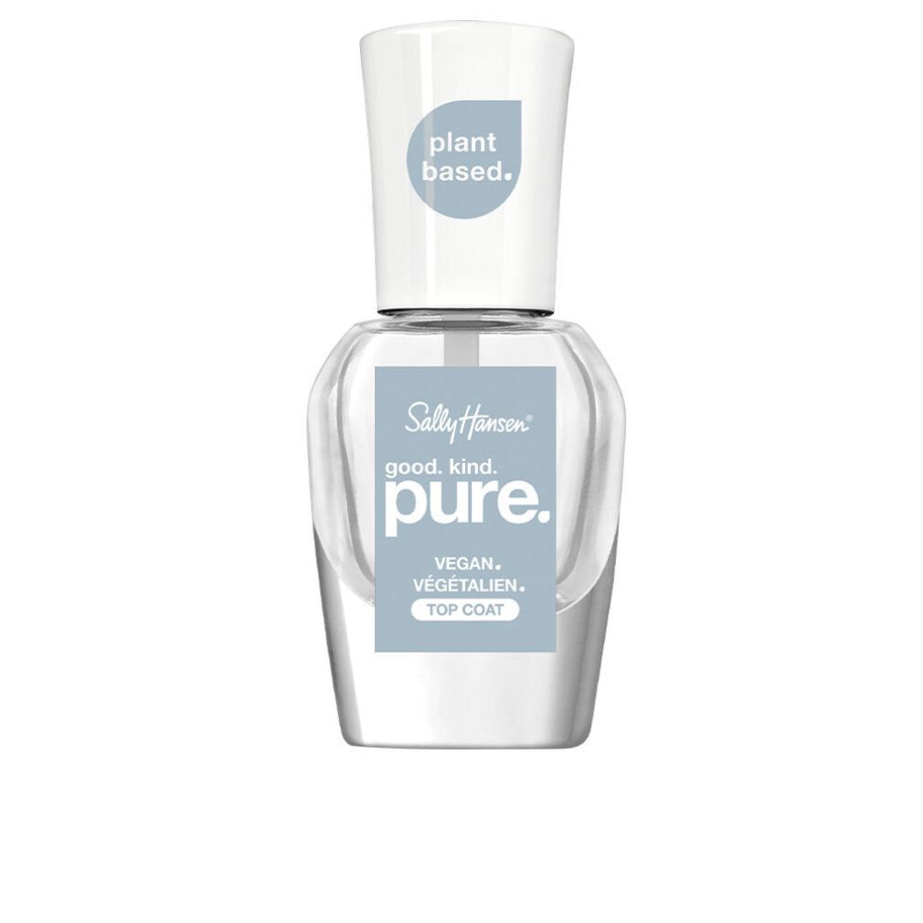 Flacon de vernis à ongles transparent avec bouchon blanc. Étiquette : "Sally Hansen good. kind. pure. VEGAN. VÉGÉTALIEN. TOP COAT".