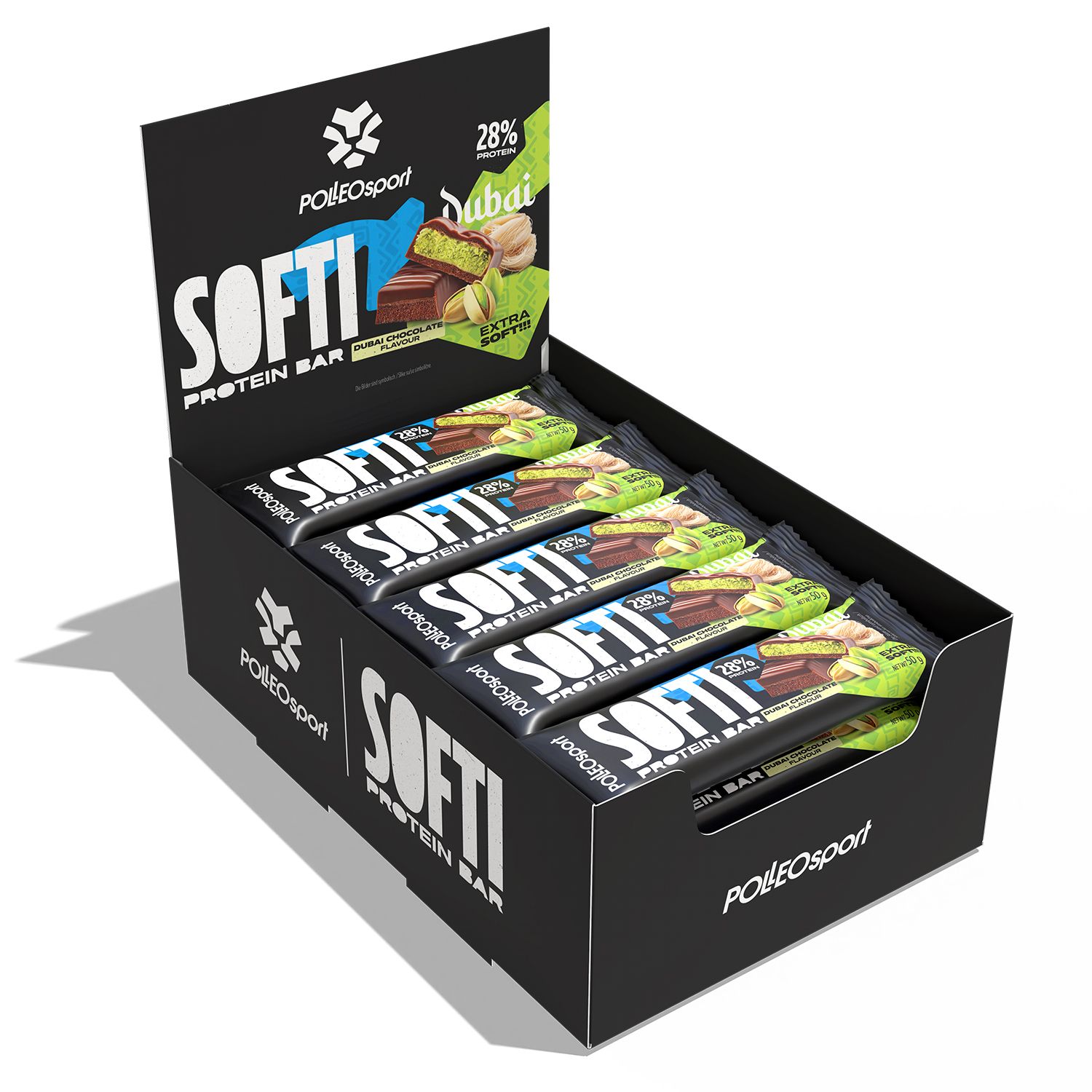 Boîte noire de barres protéinées. Inscription : SOFTI Protein Bar. Barres individuelles saveur pistache.