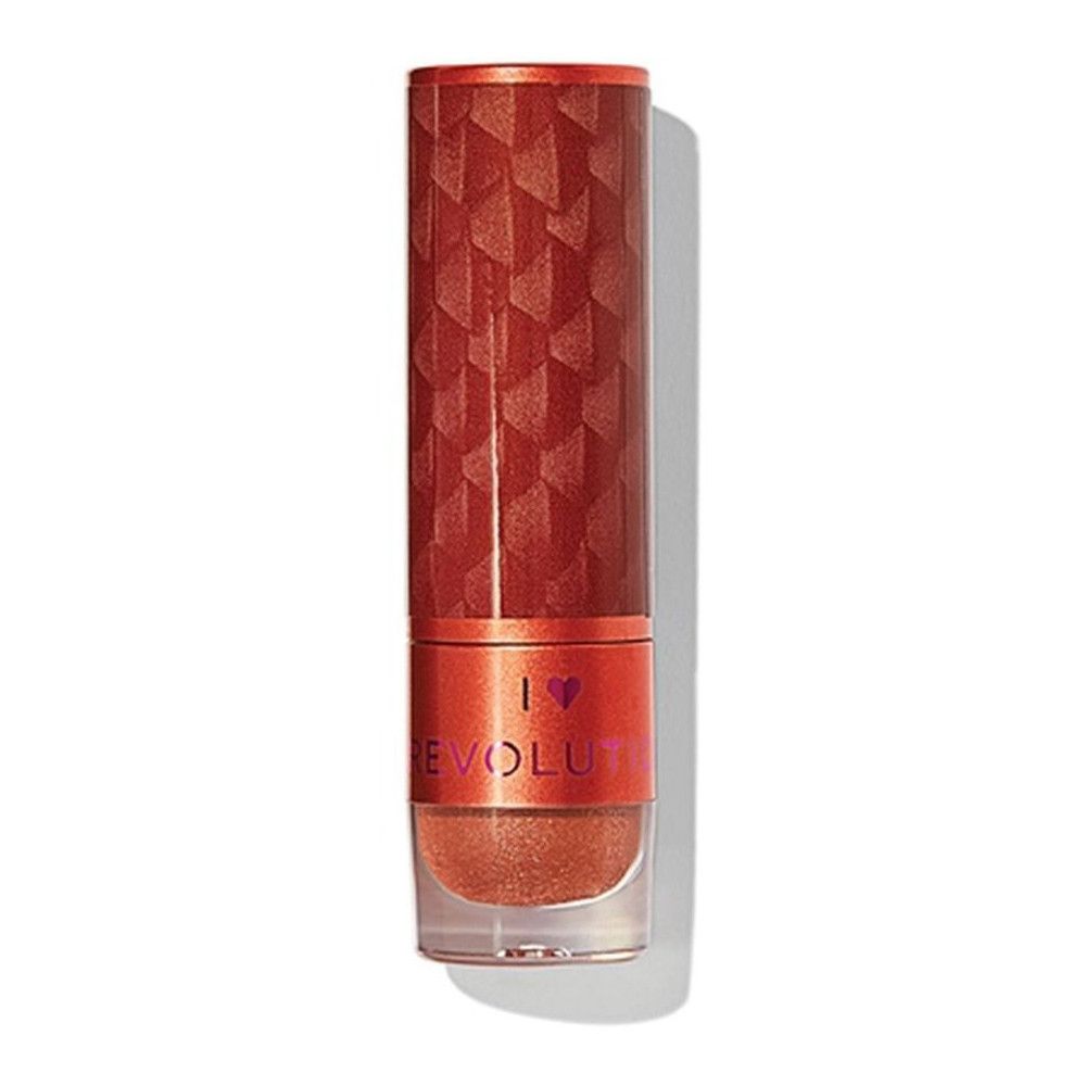 Rouge à lèvres dans un étui rouge-or. Motif géométrique sur le capuchon. Partie inférieure avec produit et texte.