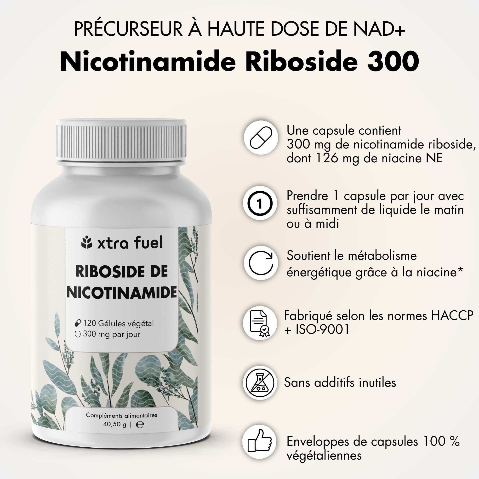 Bouteille de 120 capsules de Nicotinamide Riboside, 300mg par capsule.