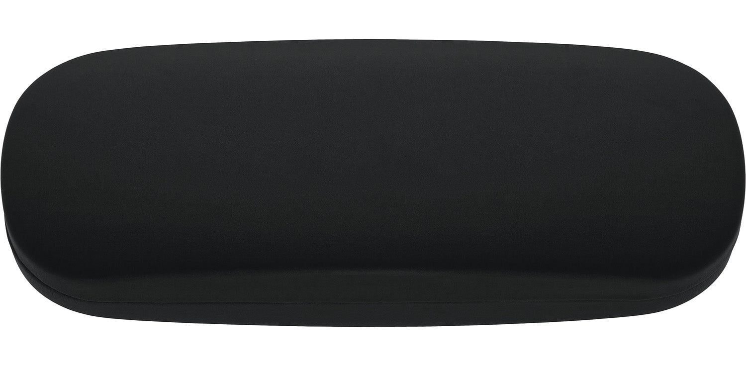 Étui rigide noir, ovale. Surface lisse, sans détails visibles. Pour lunettes.