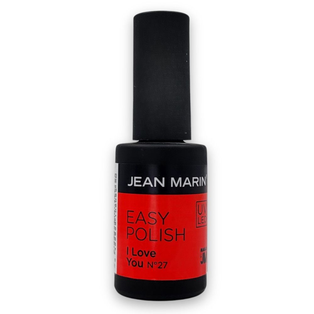 Flacon de vernis à ongles noir avec étiquette rouge. Inscription : Jean Marin, Easy Polish, I Love You N°27. UV/LED.