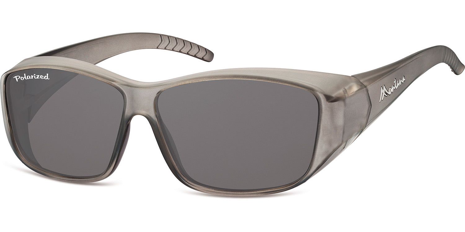 Lunettes de soleil grises. Verres rectangulaires, monture grise. Inscription "Polarized" et "Montana".
