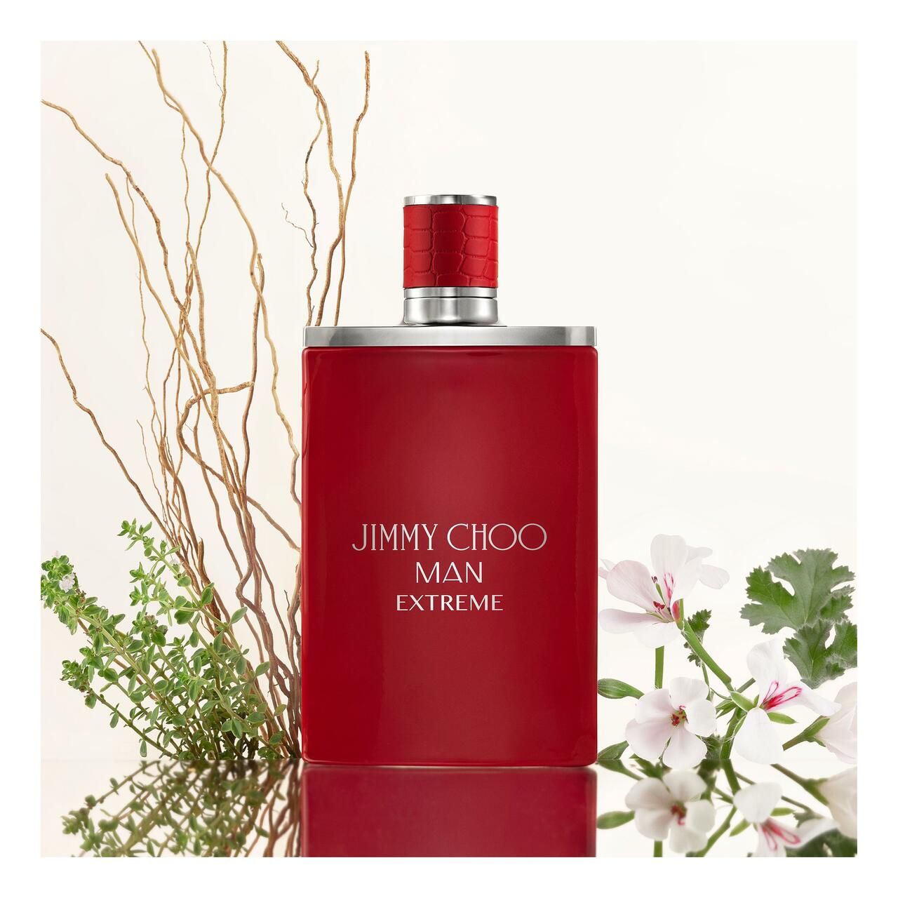Flacon rouge avec bouchon argenté. Inscription : Jimmy Choo Man Extreme. Décoré de branches et de fleurs.