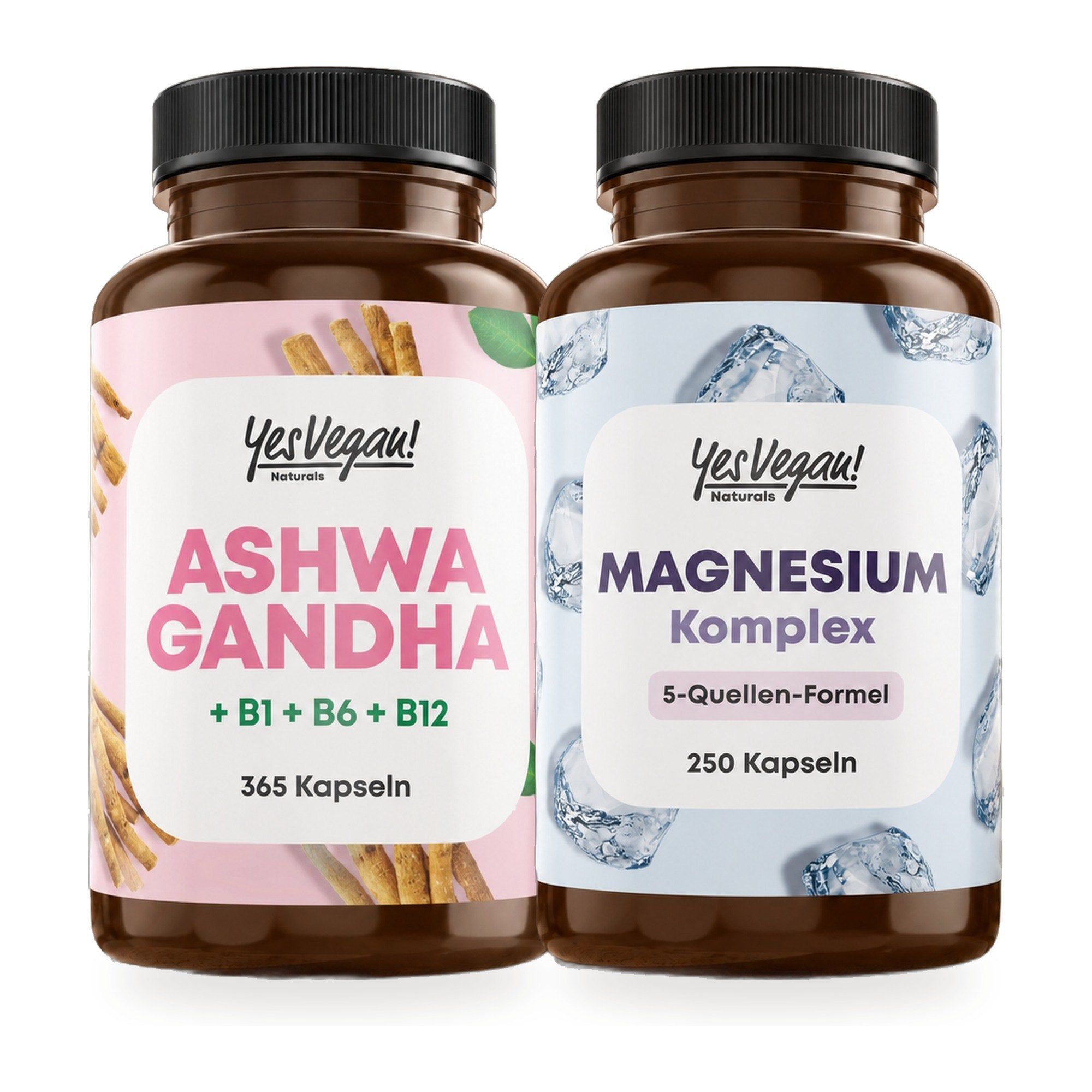 Trois produits Yes Vegan!: Ashwagandha (365 gélules), Hbalance9 (120 gélules) et Complexe Magnésium (250 gélules).