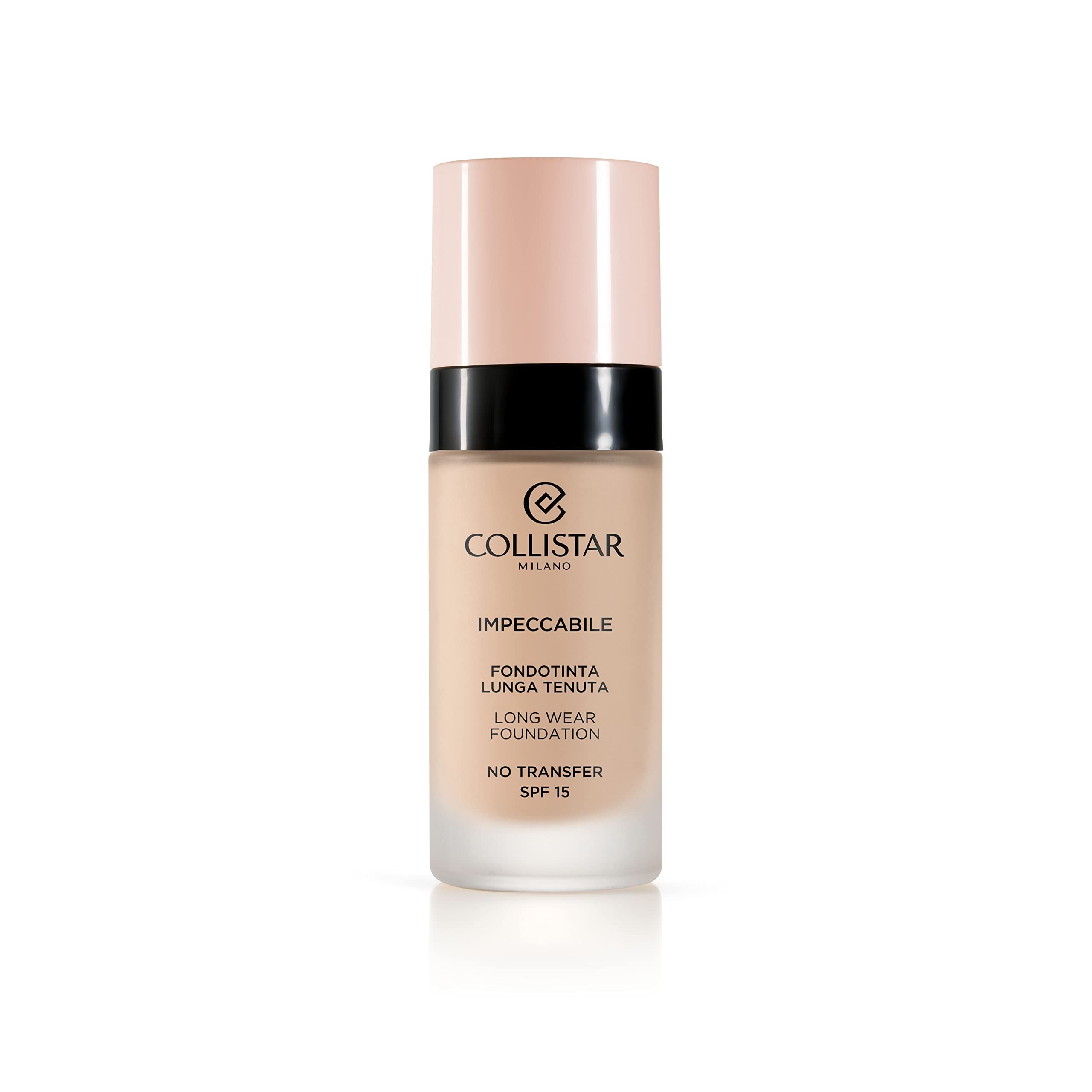 Flesje foundation, beige. Roze dop, zwarte ring. Opschrift: Collistar, Impeccabile, SPF 15.