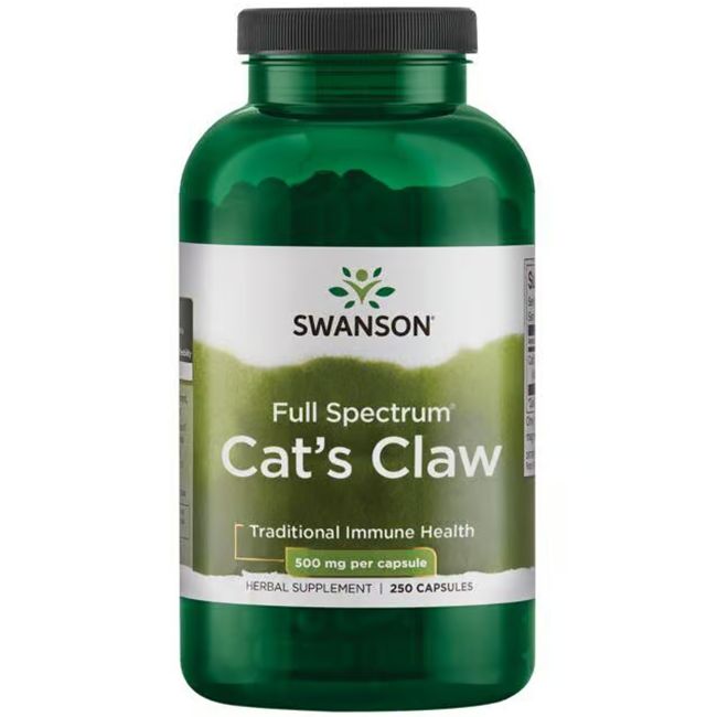 Groene fles met wit etiket. Opschrift: Swanson, Full Spectrum Cat's Claw, 500 mg per capsule, 250 capsules.