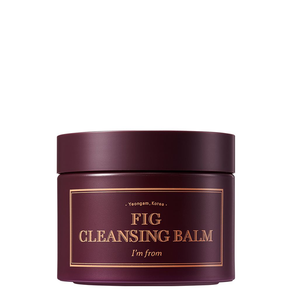 Pot de nettoyage bordeaux avec texte doré: FIG CLEANSING BALM, I'm from. Couvercle et pot cylindriques.