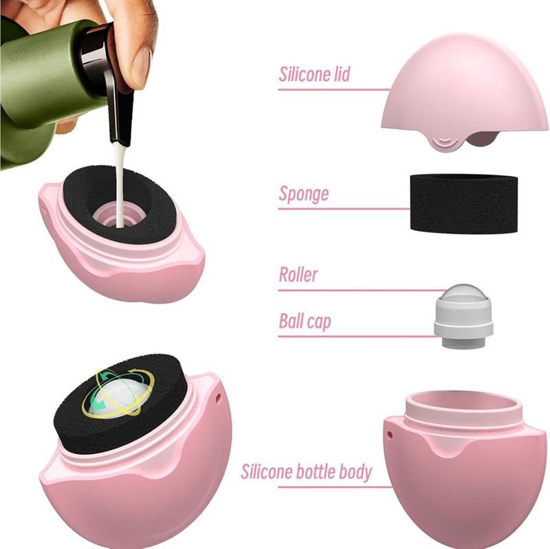 Schéma éclaté d'un applicateur rose. Pièces : couvercle, éponge, bille, corps. Étiquettes : Silicone lid, Sponge, Roller, Ball cap, Silicone bottle body.