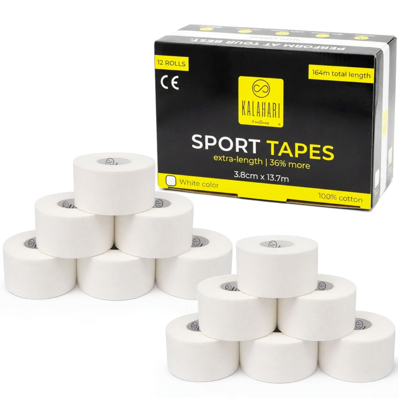 Twaalf witte sporttape rollen van 100% katoen, verpakt in een zwarte doos.