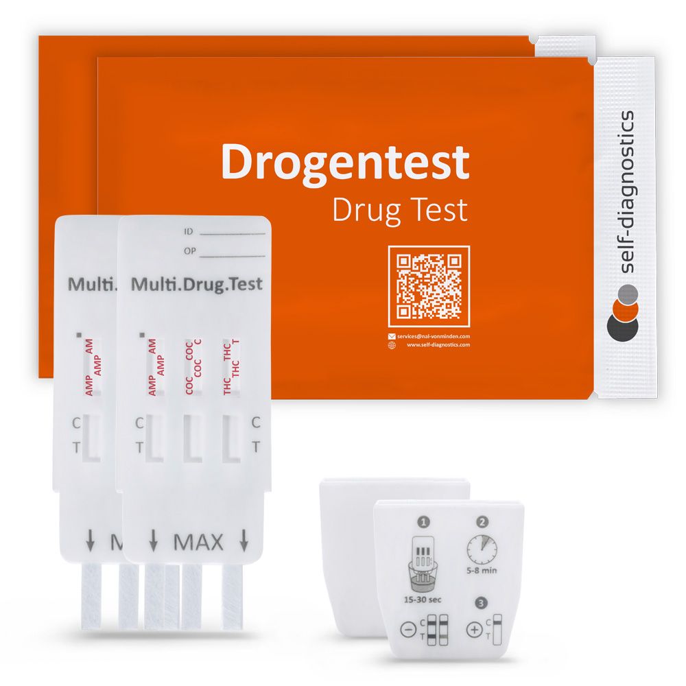 Kit de test de dépistage de drogues multiples. Comprend des bandelettes, un emballage et des instructions.