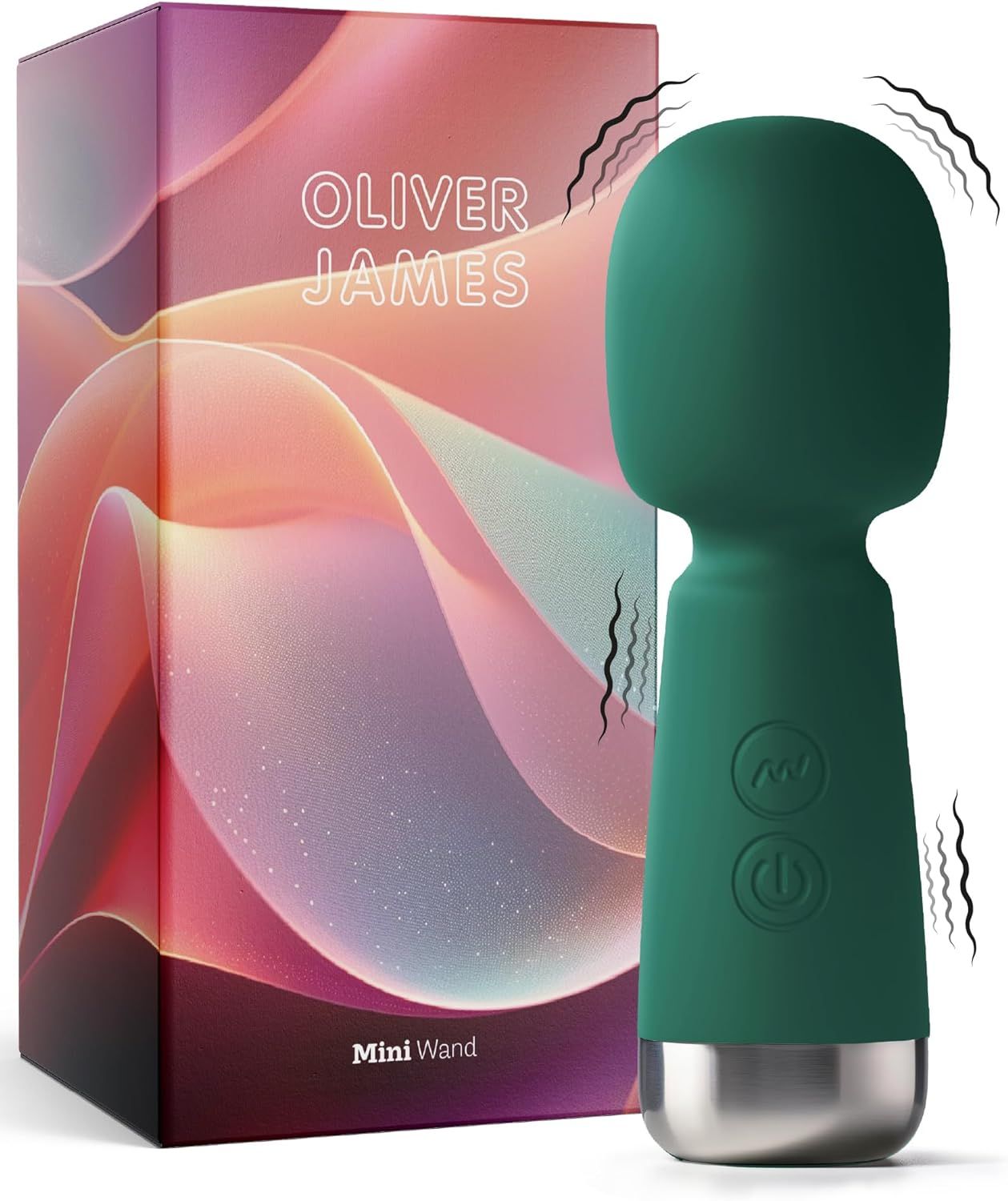 Mini vibrateur Oliver James Bullet vert avec base argentée et port de charge. Emballage à motif ondulé.