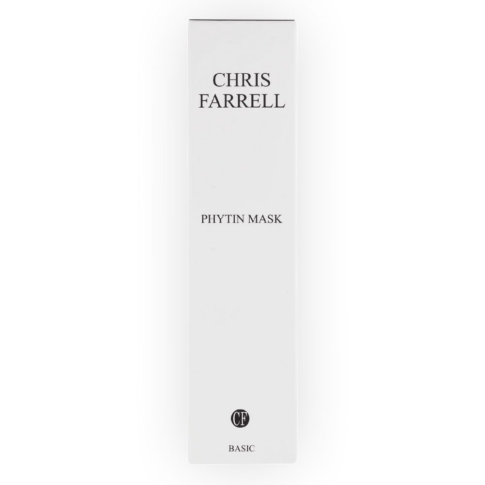 Emballage blanc avec texte noir. "CHRIS FARRELL" en haut, "PHYTIN MASK" en dessous. Logo "CF" et "BASIC" en bas.