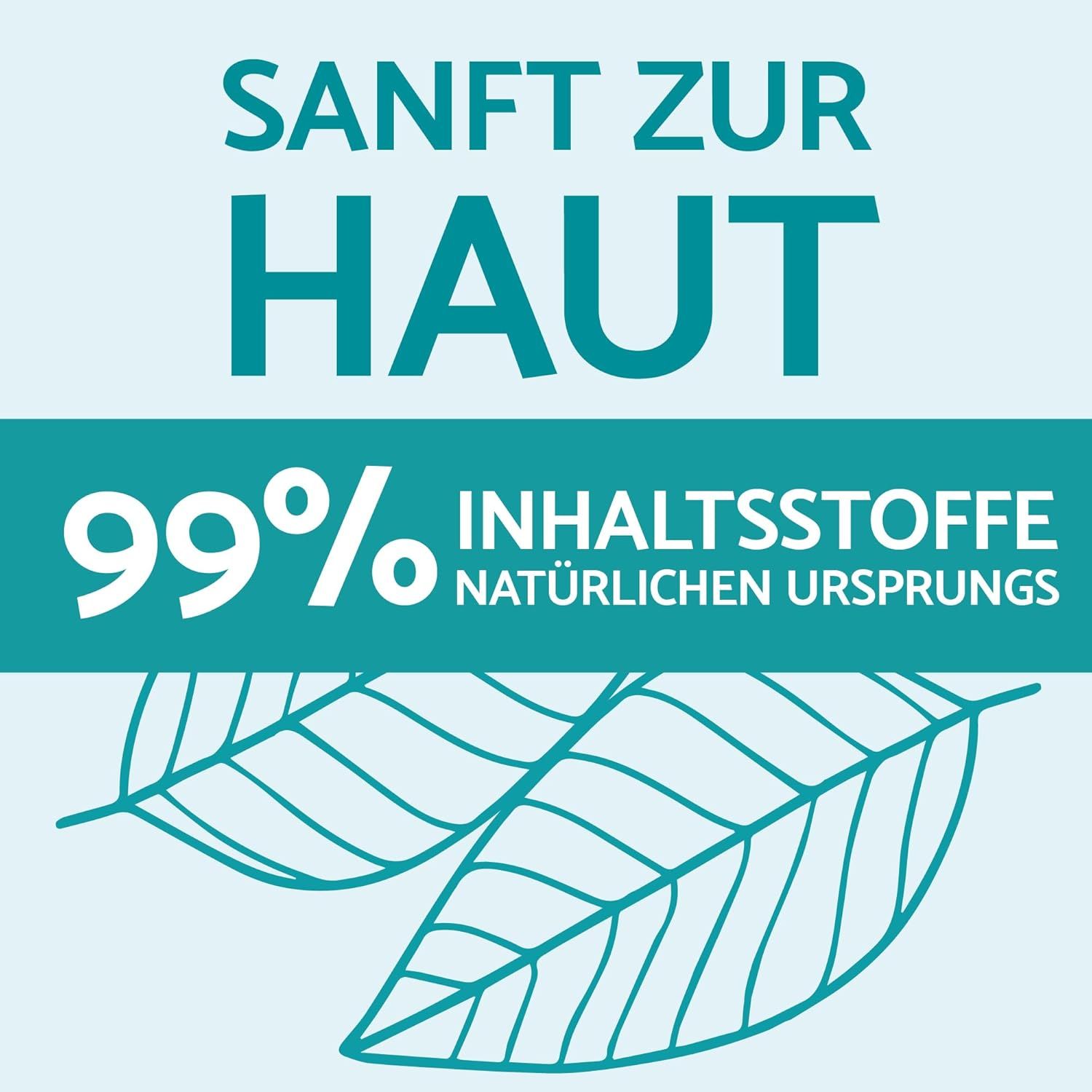 Texte: Doux pour la peau. 99% ingrédients d'origine naturelle. Deux feuilles.
