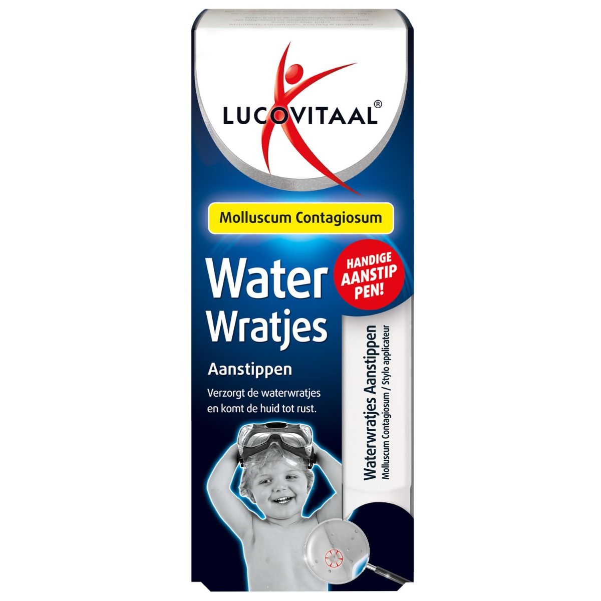 Verpakking met product. Opschrift: Lucovitaal, Water Wratjes, Molluscum Contagiosum. Afbeelding van een kind met duikbril.