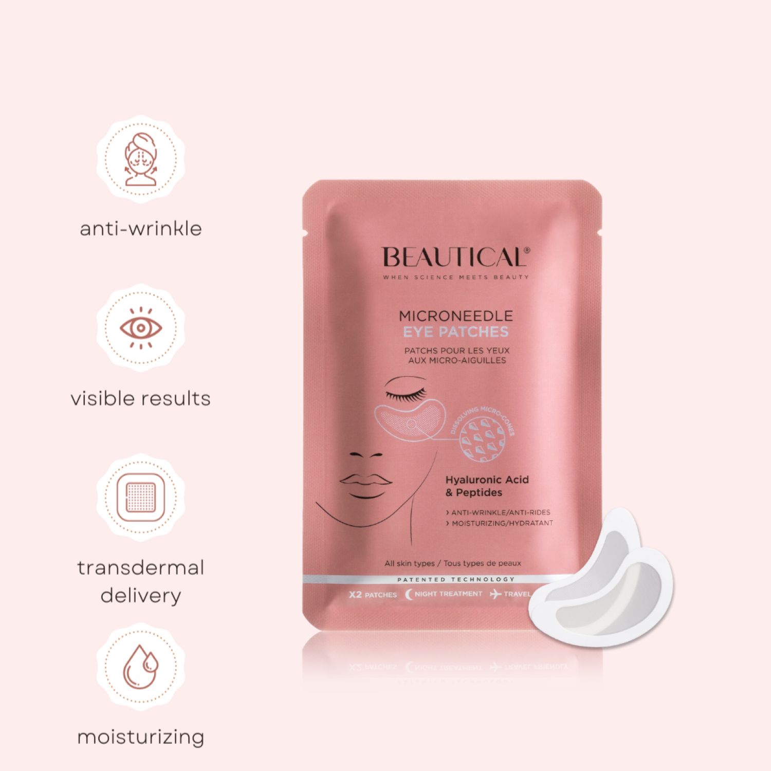Roze BEAUTICAL verpakking. Tekst: Anti-rimpel, zichtbare resultaten, transdermale afgifte.