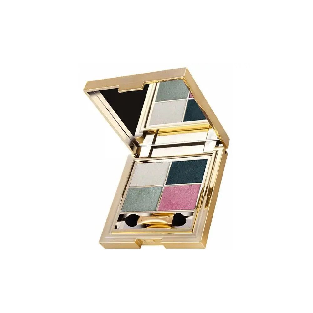 Palette de fards à paupières avec quatre couleurs et miroir. Boîtier doré. Deux applicateurs. Boîtier ouvert.