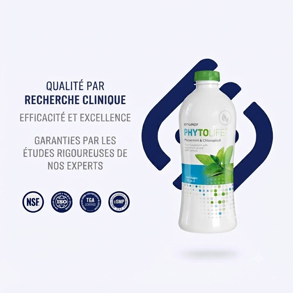Bouteille blanche avec étiquette Phytolife indiquant "Resveratrol & Chlorophyll". Des feuilles vertes sont représentées. Les sceaux NSF, ISO, TGA et cGMP sont visibles.