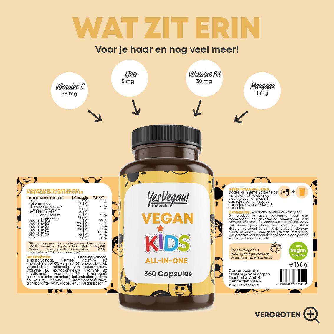 Fles met voedingsinformatie en vitamines, 360 capsules.