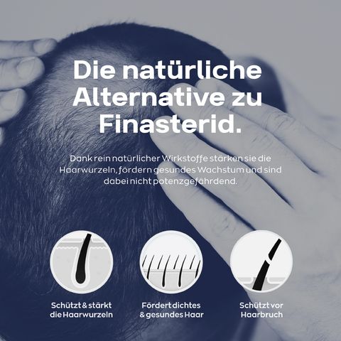Tekst: Het natuurlijke alternatief voor finasteride. Illustraties: wortels, dicht haar, haarbreuk.