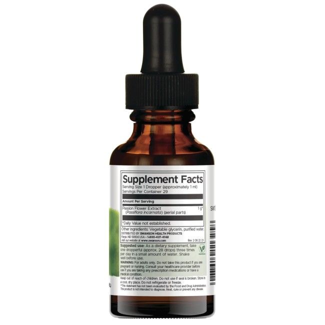 Dos de la bouteille d'extrait liquide de passiflore Swanson avec informations nutritionnelles.