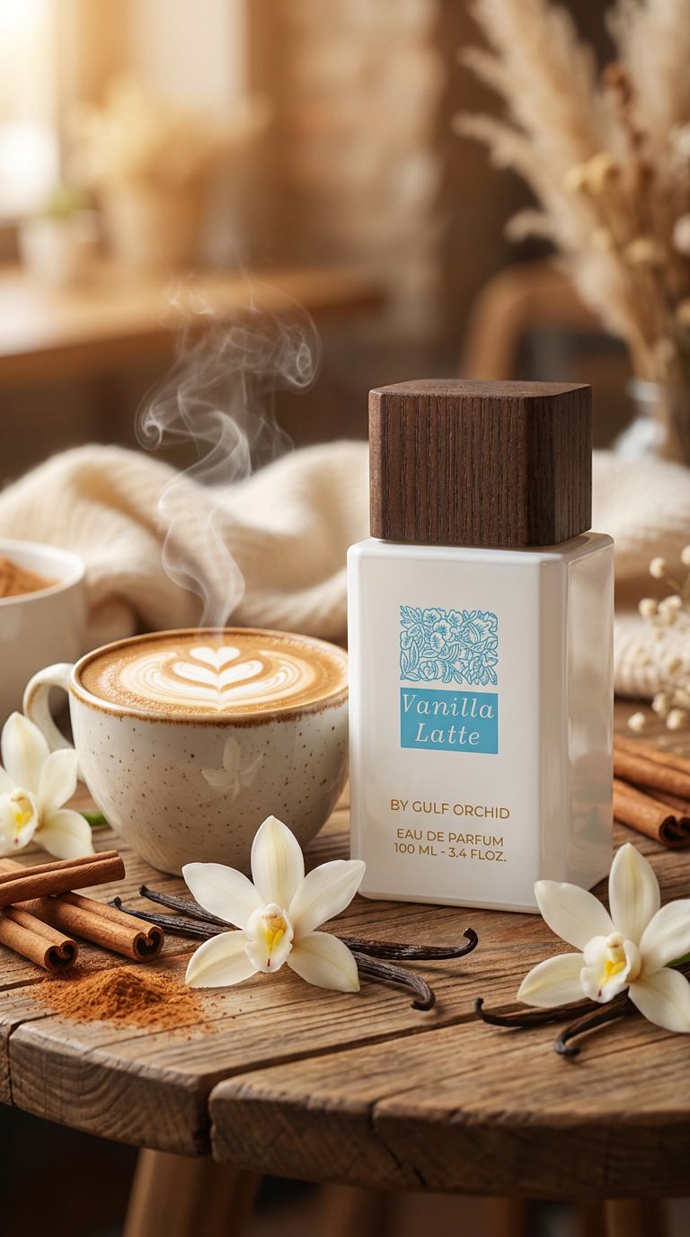 Flacon de parfum "Vanilla Latte" avec bouchon en bois, à côté d'une tasse de café fumante et de gousses de vanille.