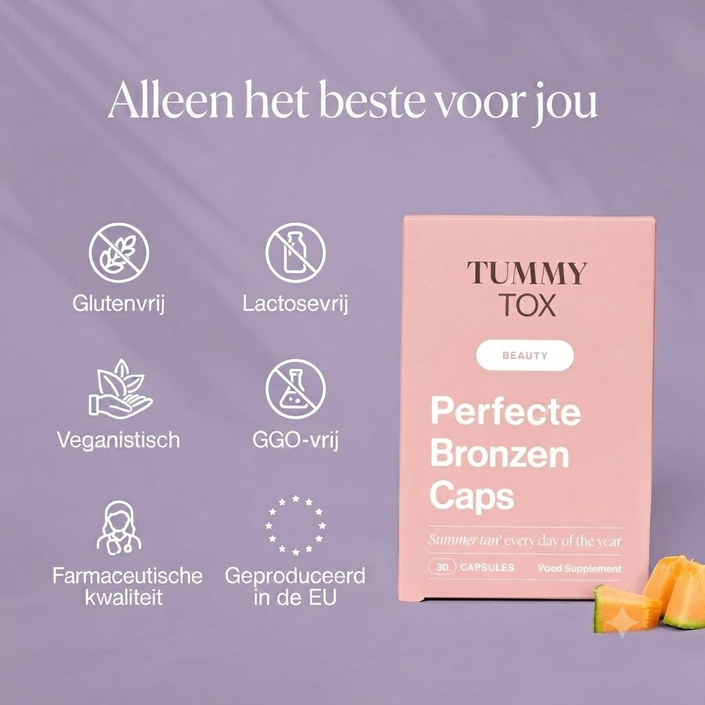 Verpakking van Tummy Tox Perfect Bronze Caps met ingrediëntenlijst en fruit.