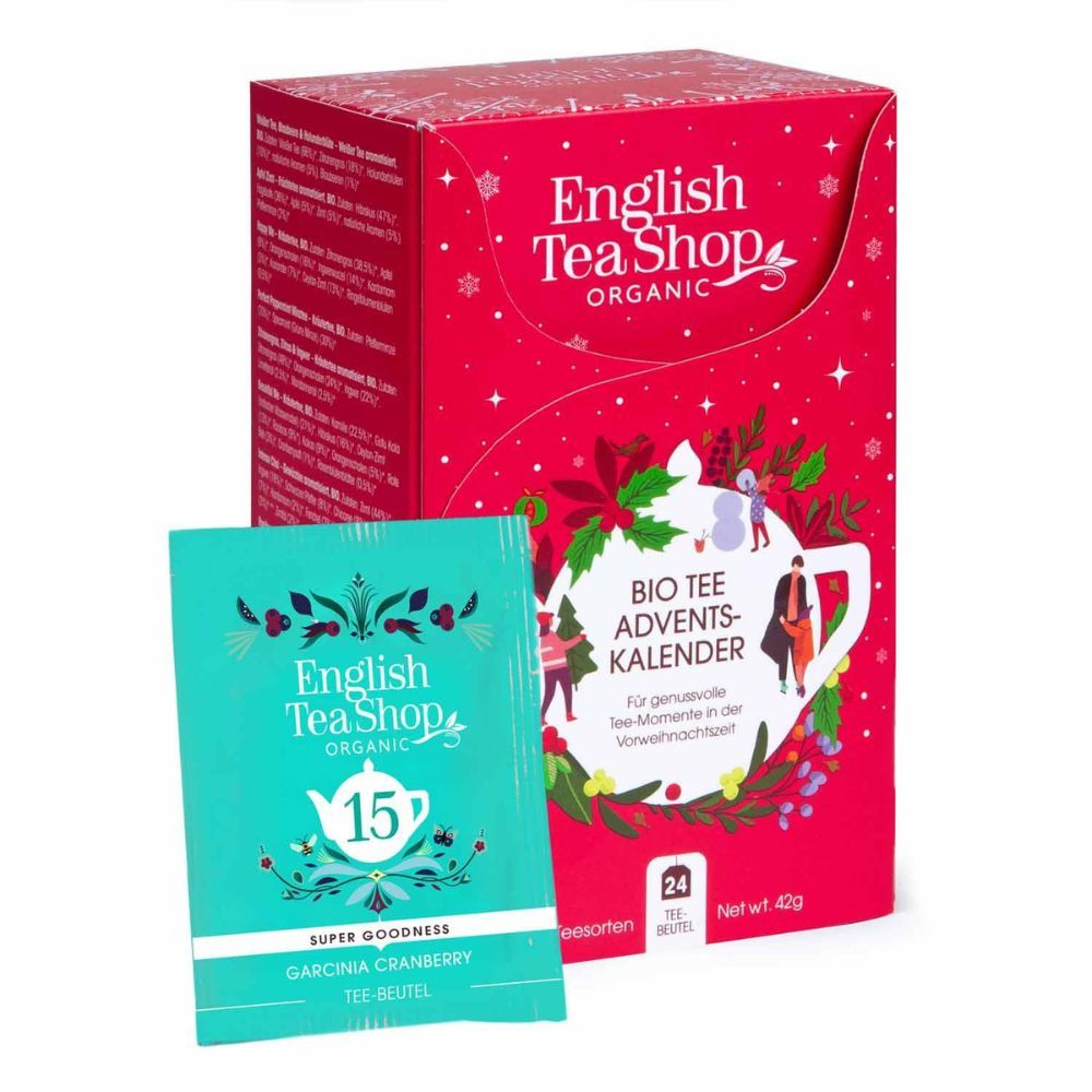 Rode adventskalender met theezakjes. Merk: English Tea Shop. Individueel verpakt theezakje met "15". 