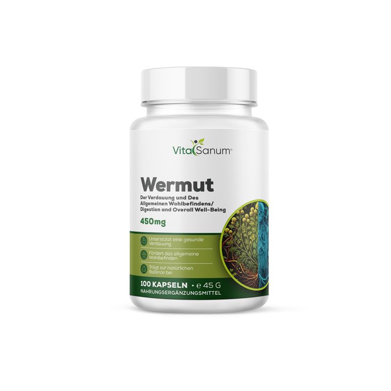 Witte fles met etiket. Opschrift: VitaSanum, Wermut, 450mg. Groen-witte verpakking.