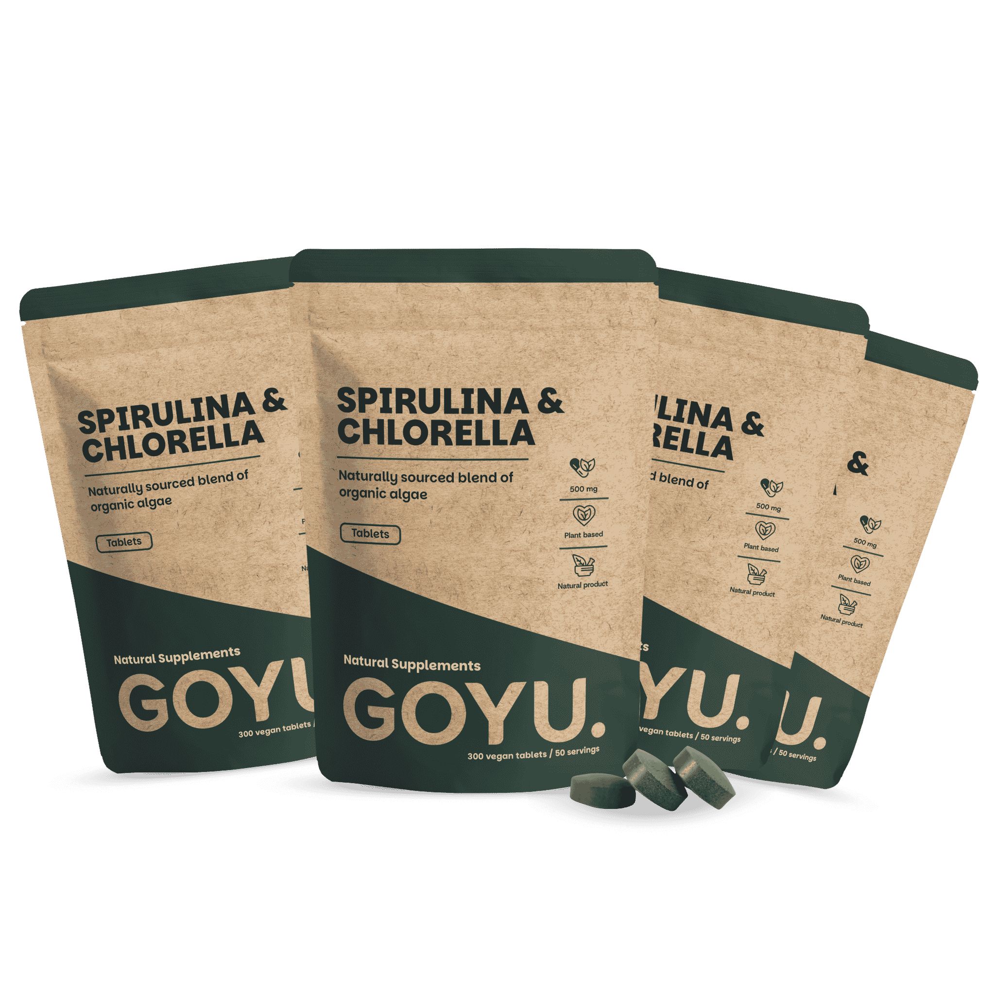 Vier verpakkingen GOYU Spirulina & Chlorella Tabletten, 300 vegane tabletten per verpakking.