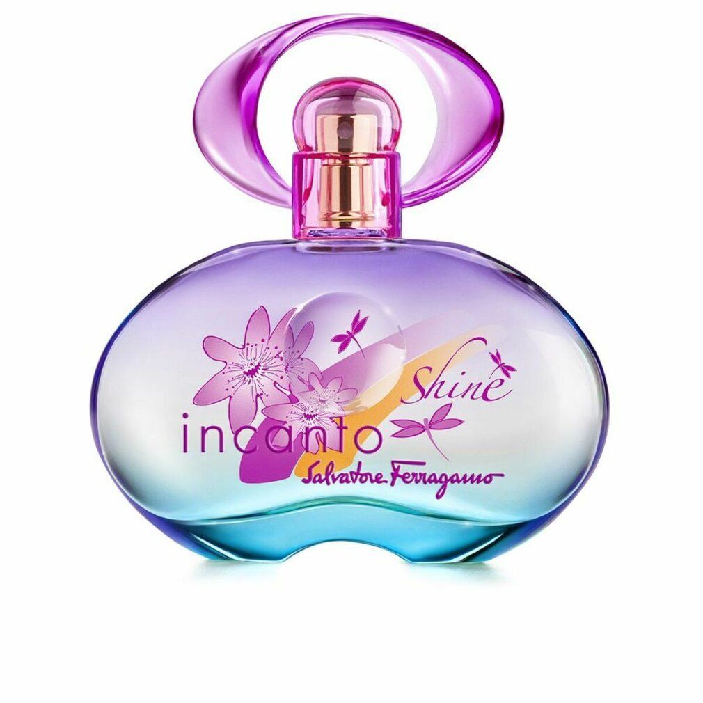 Flacon d'Eau de Toilette Salvatore Ferragamo Incanto Shine, dégradé violet et bleu avec motif floral.