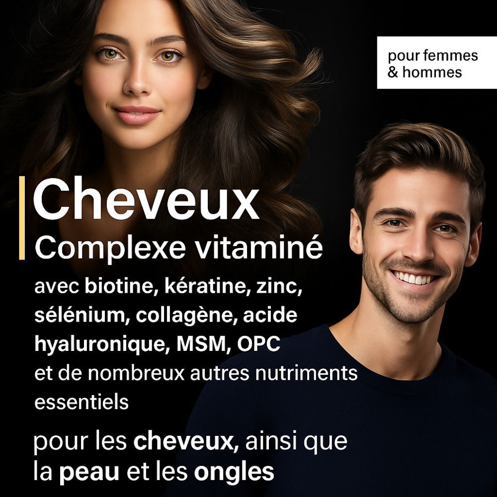 Image publicitaire avec femme et homme. Texte: Cheveux Complexe vitaminé. Pour les cheveux, ainsi que la peau et les ongles.