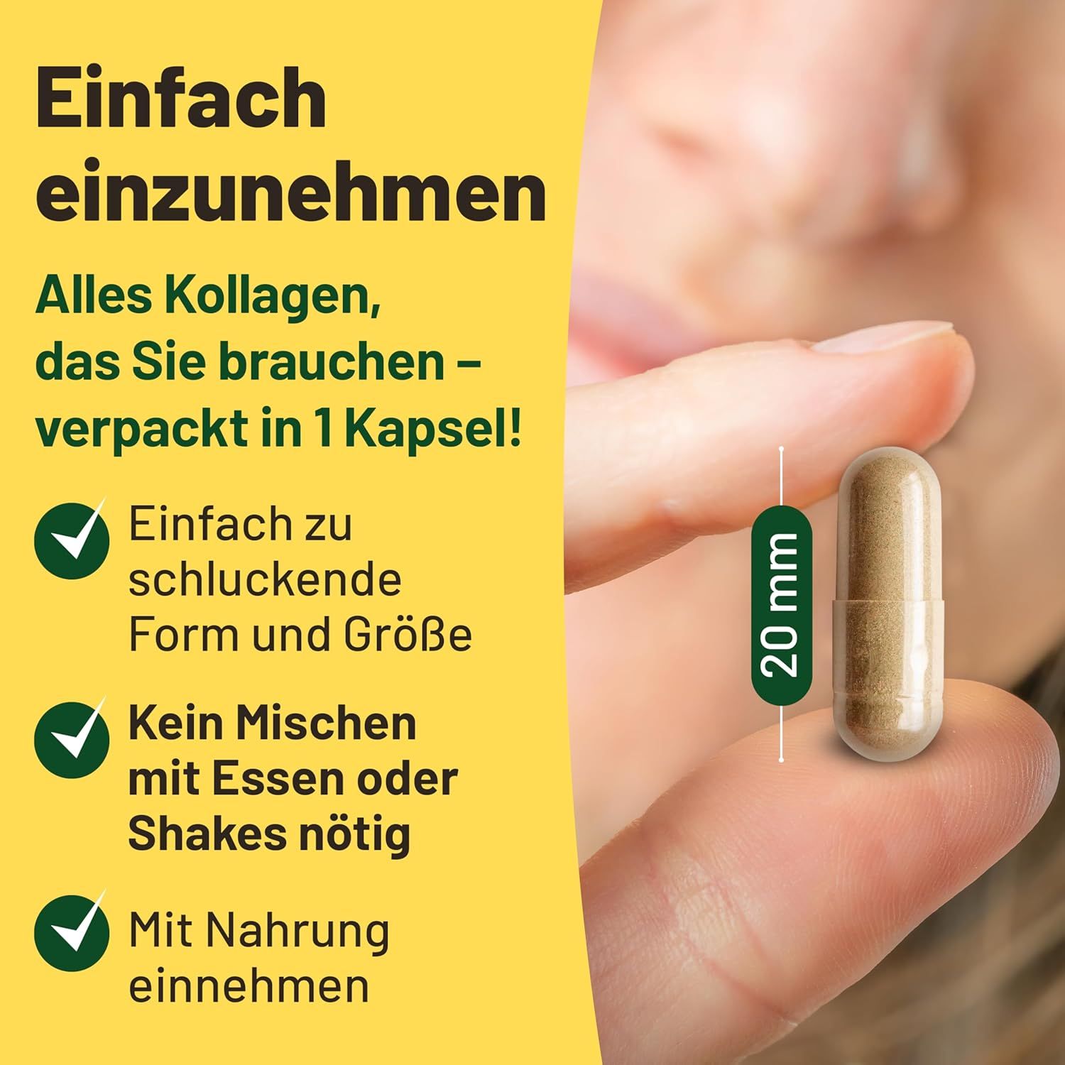 Capsule van 20 mm lang. Tekst: Gemakkelijk in te nemen, gemakkelijk te slikken, niet mengen met eten of shakes, innemen met voedsel.