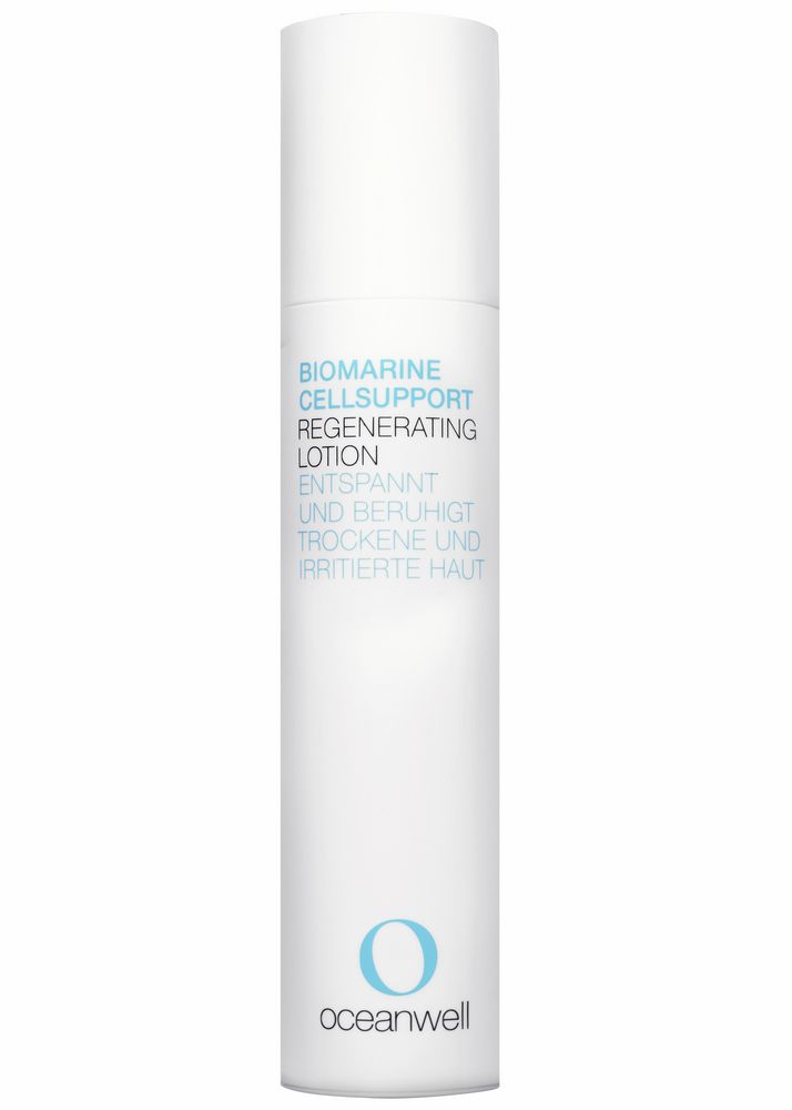 Witte lotionfles met blauwe tekst: Biomarine Cellsupport Regenerating Lotion. Ontspant en kalmeert de droge en geïrriteerde huid. Oceanwell-logo.