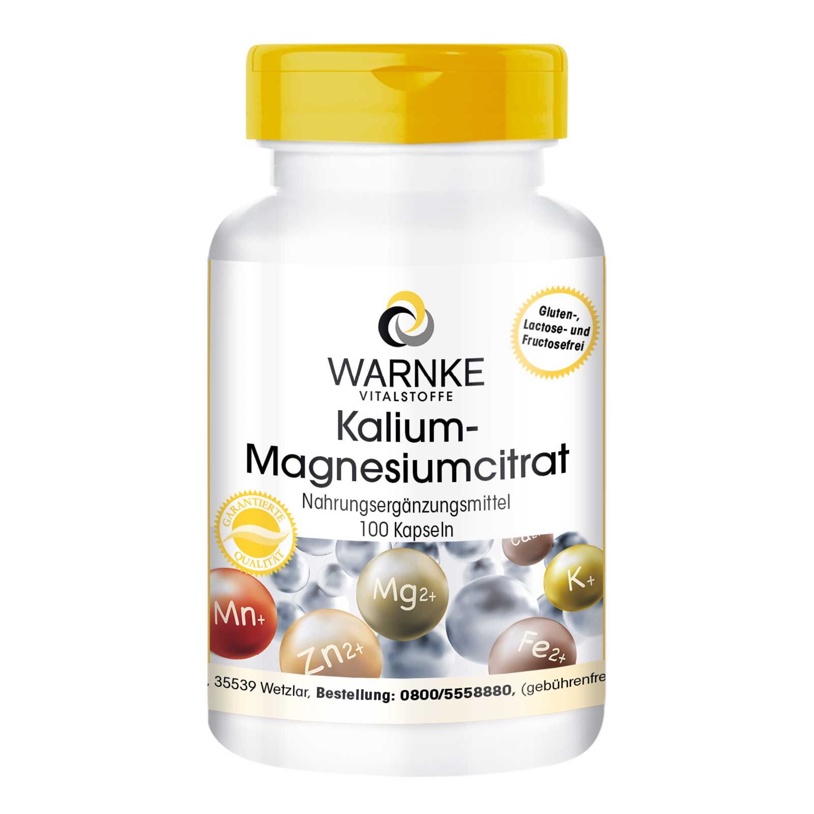 Witte capsulefles met gele dop. Opschrift: Warnke Vitalstoffe, Kalium-Magnesiumcitraat. 100 capsules. Glutenvrij, lactosevrij en fructosevrij.