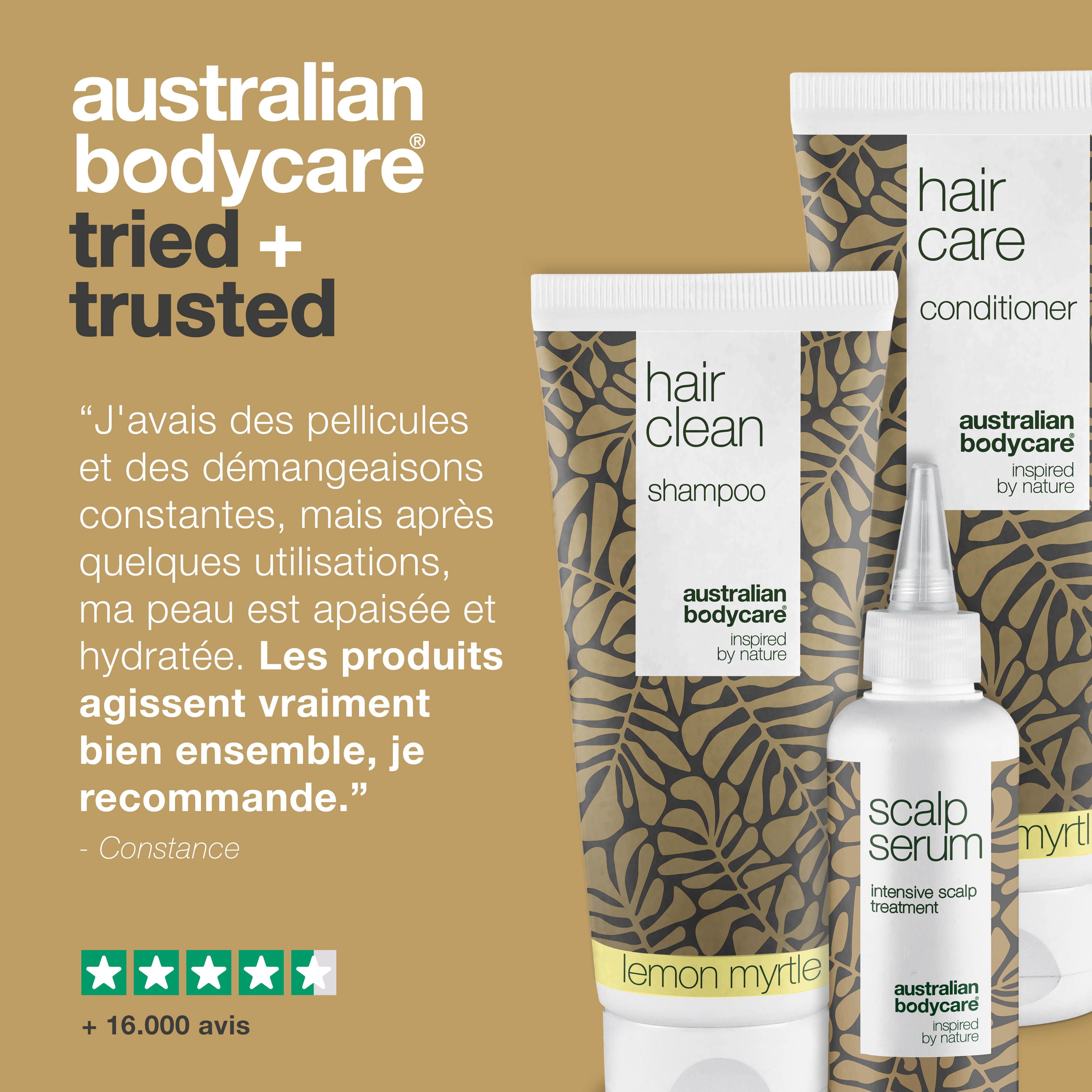 Australian Bodycare : testé et approuvé. Shampooing, après-shampooing et sérum. Texte : témoignage. Logo et évaluation par étoiles.