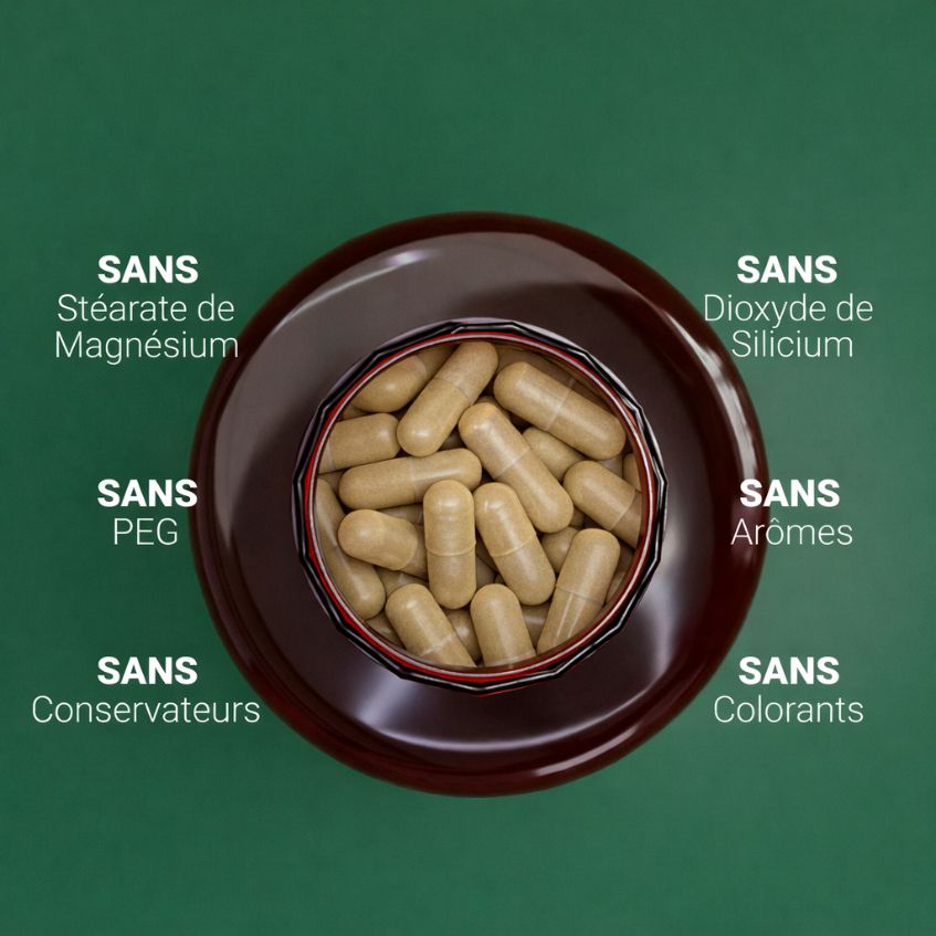 Vue de dessus d'un pot ouvert avec de nombreuses gélules. Étiquettes: Sans stéarate de magnésium, PEG, colorants, arômes, conservateurs, dioxyde de silicium.