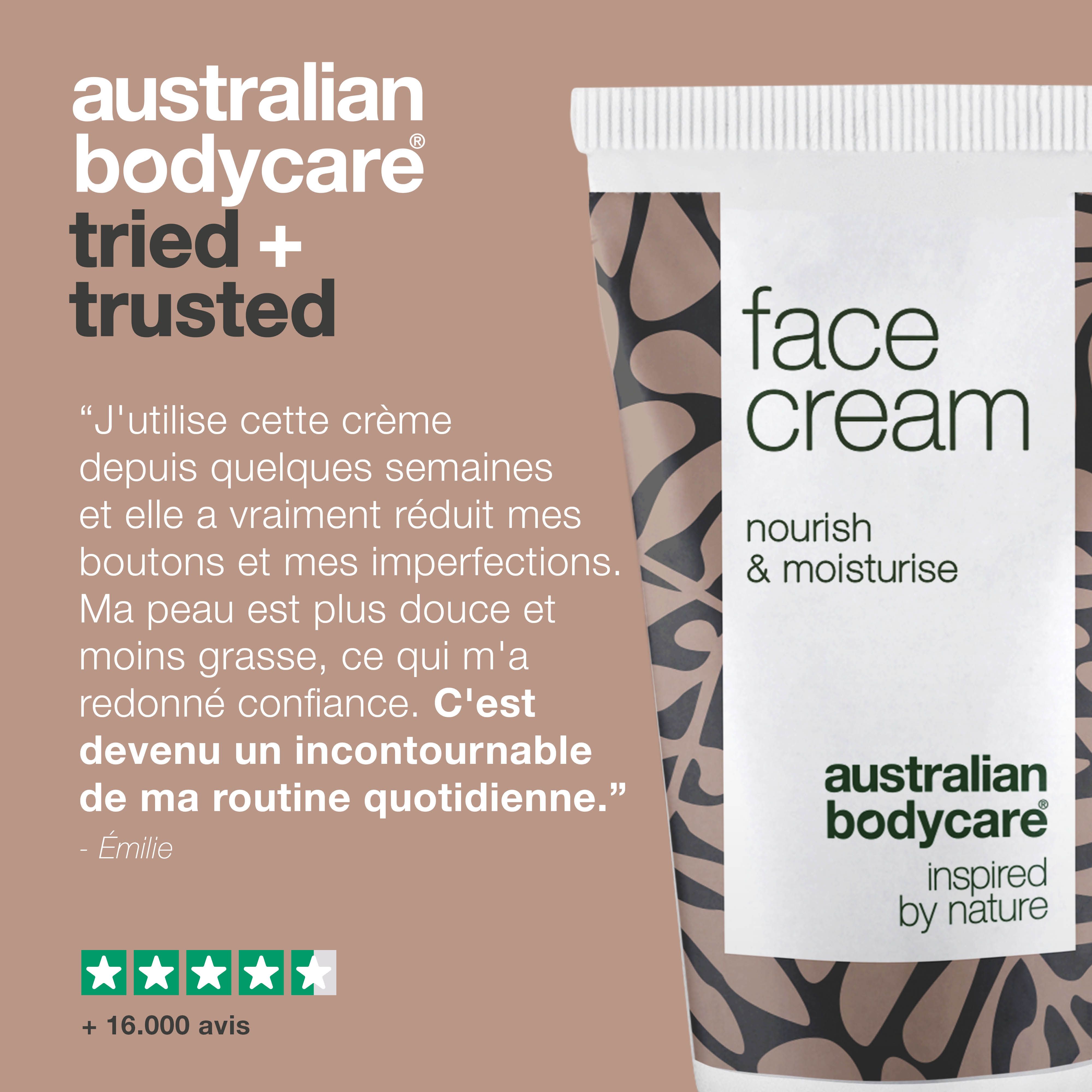 Tube avec texte : face cream. Marque : Australian Bodycare. Texte : Pourquoi Australian Bodycare ? À côté : crème.