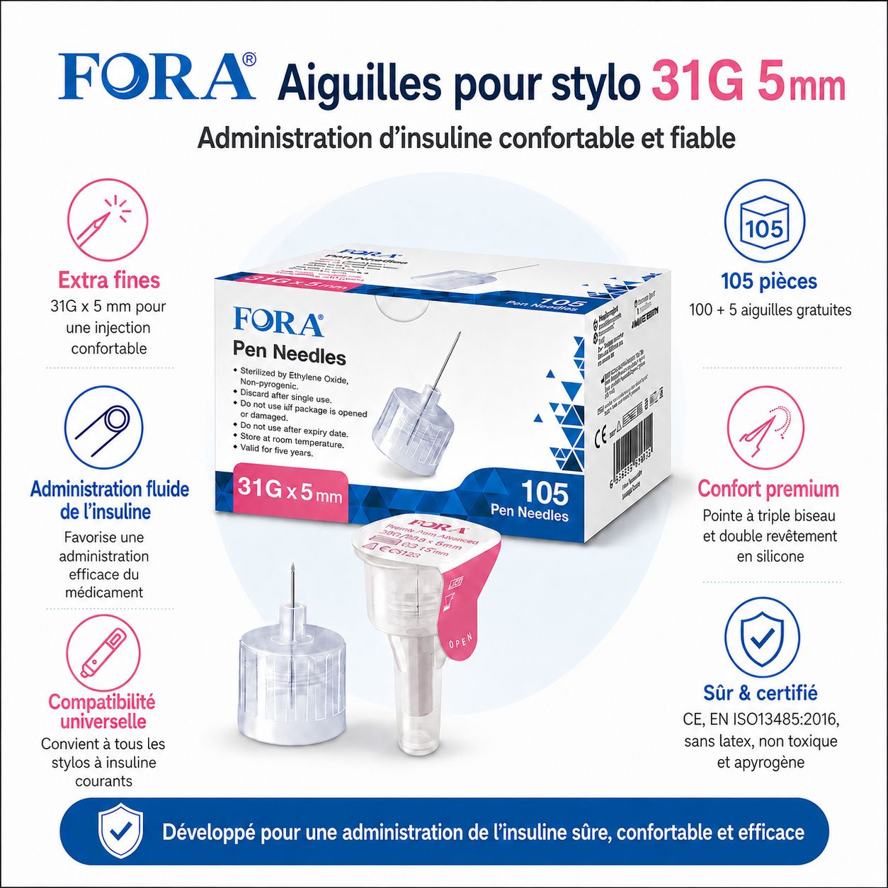 Aiguilles stylo FORA 31G 5mm: Extra fines, fluides, compatibilité universelle. 105 pièces. Certifié CE, ISO13485.