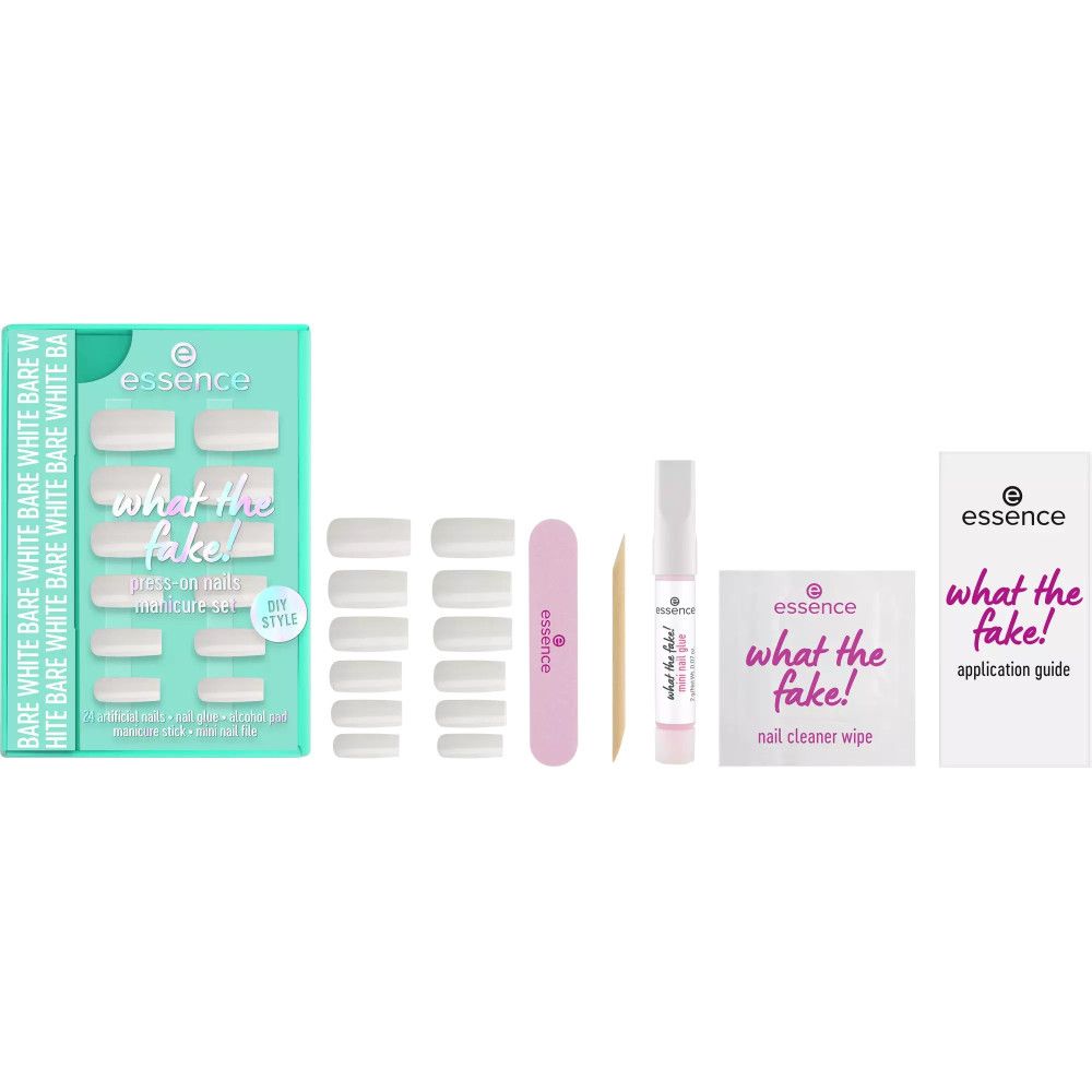 Kit de manucure avec faux ongles, lime, colle, lingette nettoyante et instructions. Marque : Essence. Texte : What the Fake!