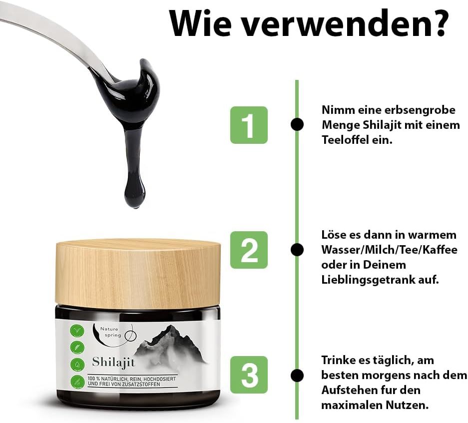 Cuillère de résine de Shilajit. Instructions : 1. Prendre une quantité de Shilajit. 2. Dissoudre dans de l'eau/lait/thé/café chaud. 3. Boire quotidiennement.