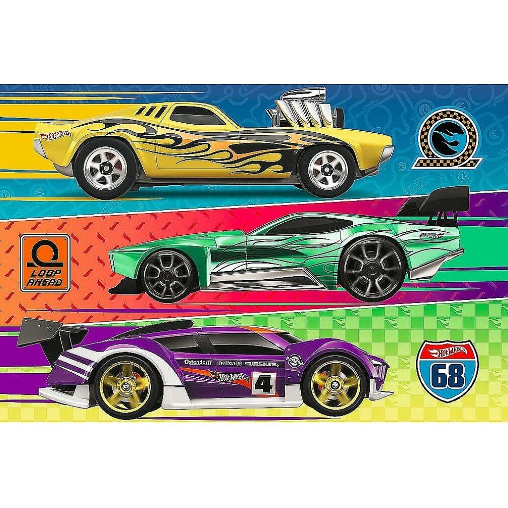 Puzzel met drie Hot Wheels auto's. Gele, groene en paarse auto met vlammen en race-ontwerp. Achtergrond met race-elementen.