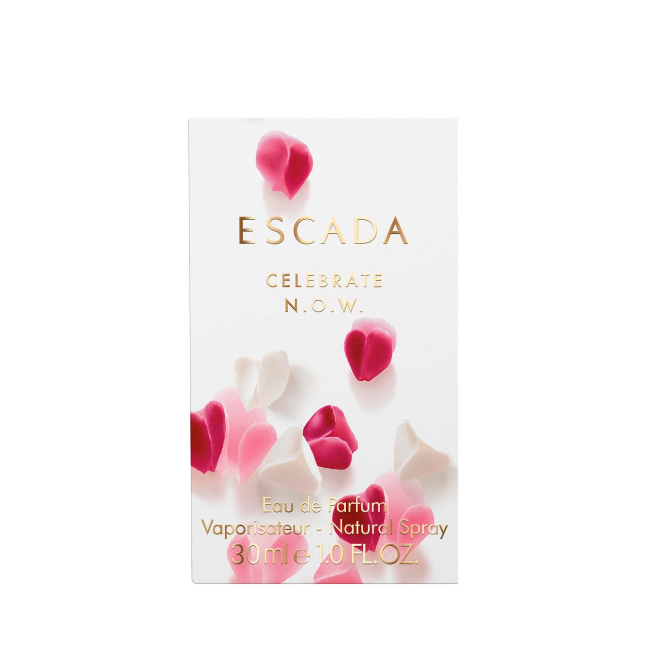 Emballage d'Escada Celebrate N.O.W. EdP Nat. Spray. Blanc avec lettrage doré et pétales. 30ml.