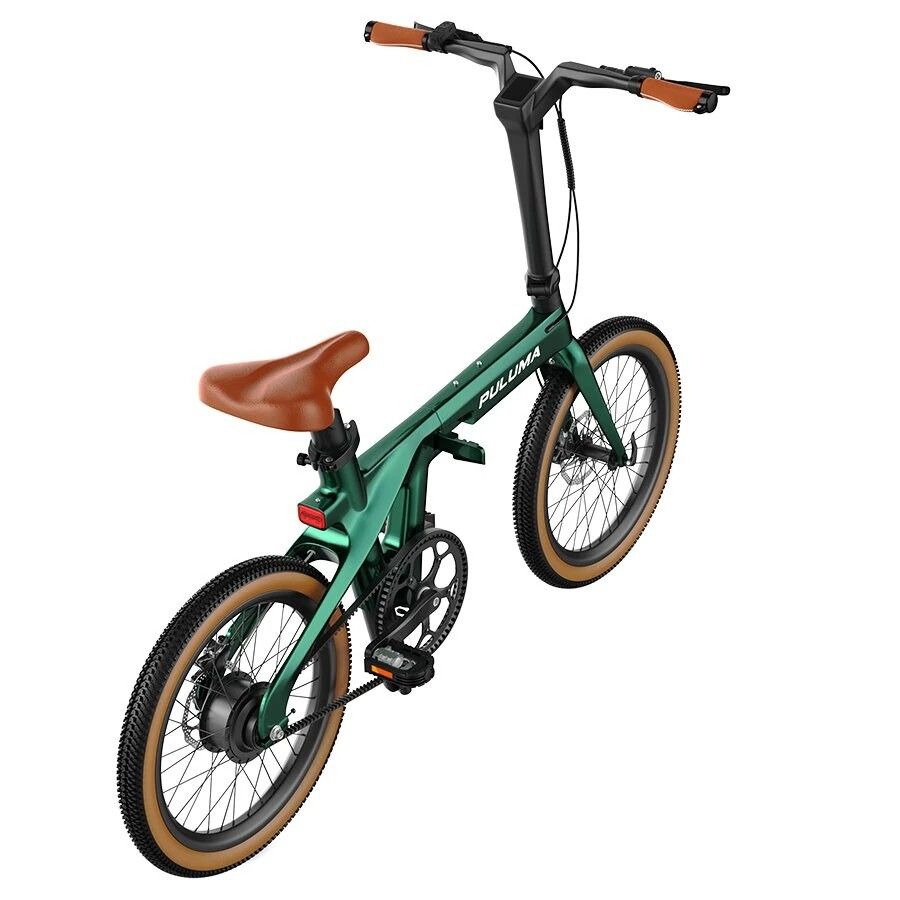 Groene vouwfiets met bruin zadel. Merk PULUMA.