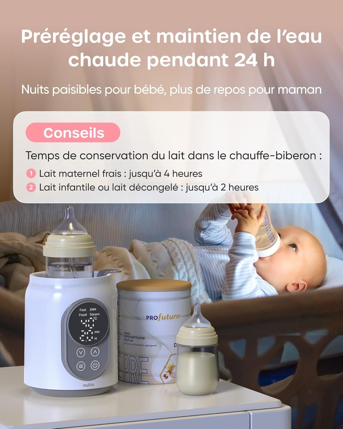Un chauffe-biberon blanc avec écran numérique à côté d'une boîte de lait maternisé et d'un petit biberon.
