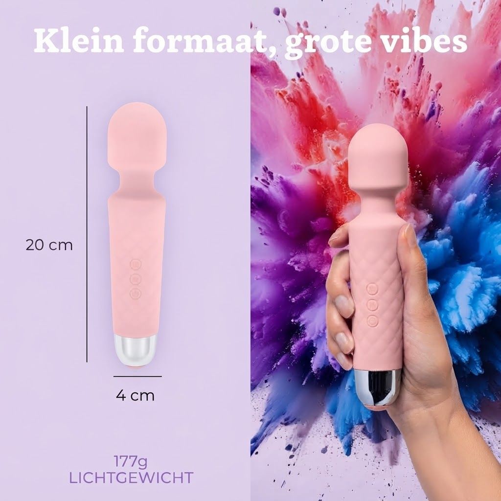 Een roze toverstaf-massager met zilveren uiteinde, 20 cm lang, 4 cm breed, 177g.