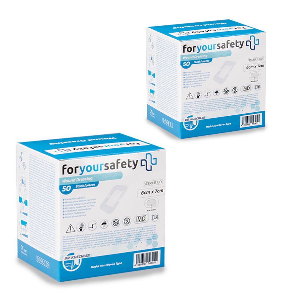 Deux boîtes de pansements, 50 pièces, 6x7cm. Marque : foryoursafety+. Impressions avec informations sur le produit et certifications.