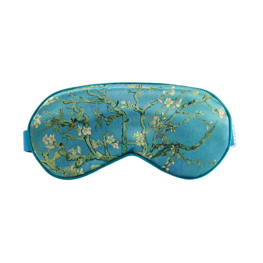 Slaapmasker met amandelbloesemmotief, blauw-turkoois. Vooraanzicht.