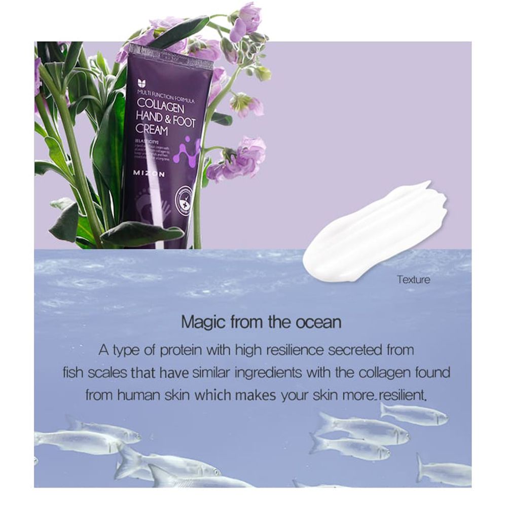 Tube violet avec bouchon noir, sur une tache de crème blanche. Inscription: Crème mains et pieds au collagène. Marque: MIZON. Testé dermatologiquement.